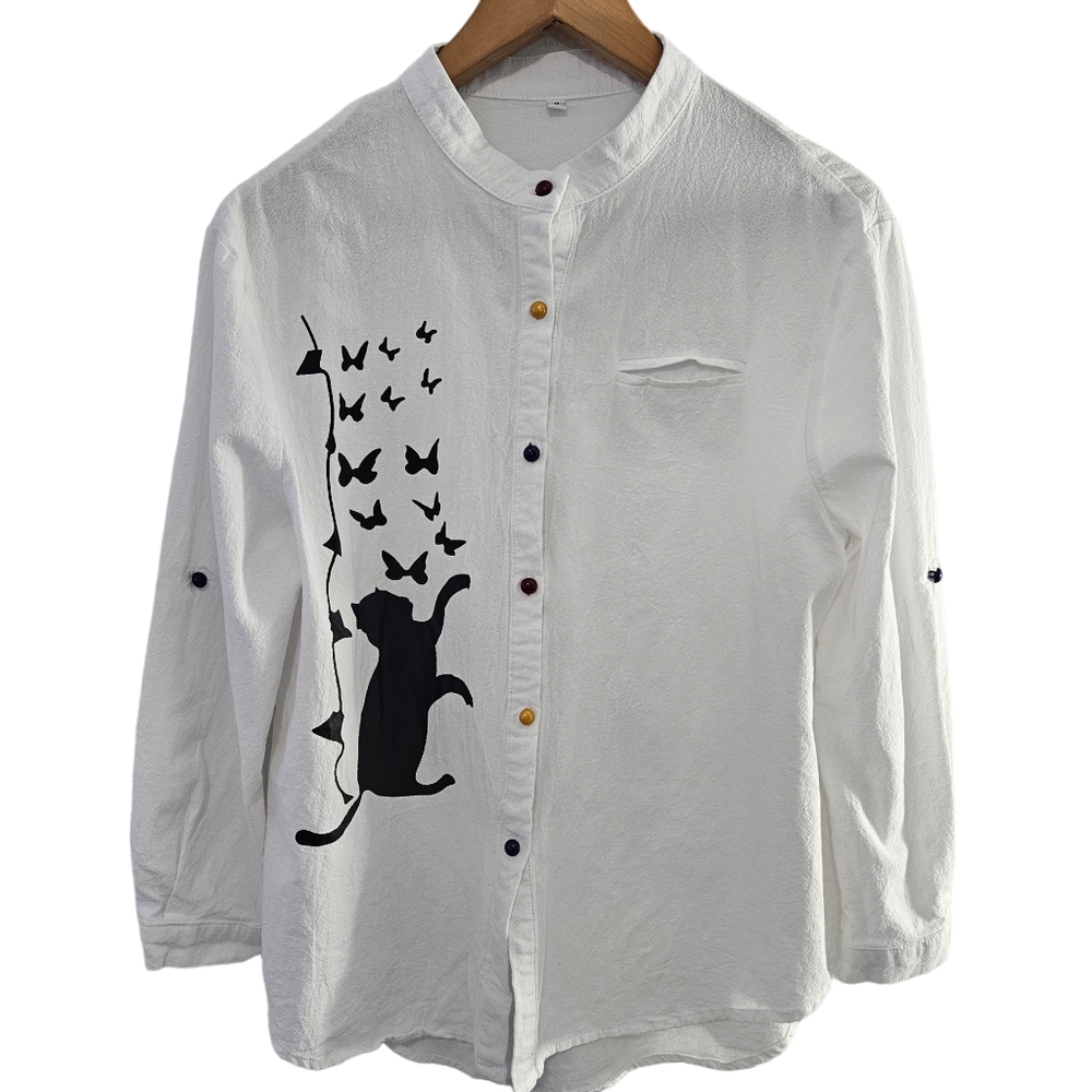 Women's White Button Down Shirt with Cat & Butterflies